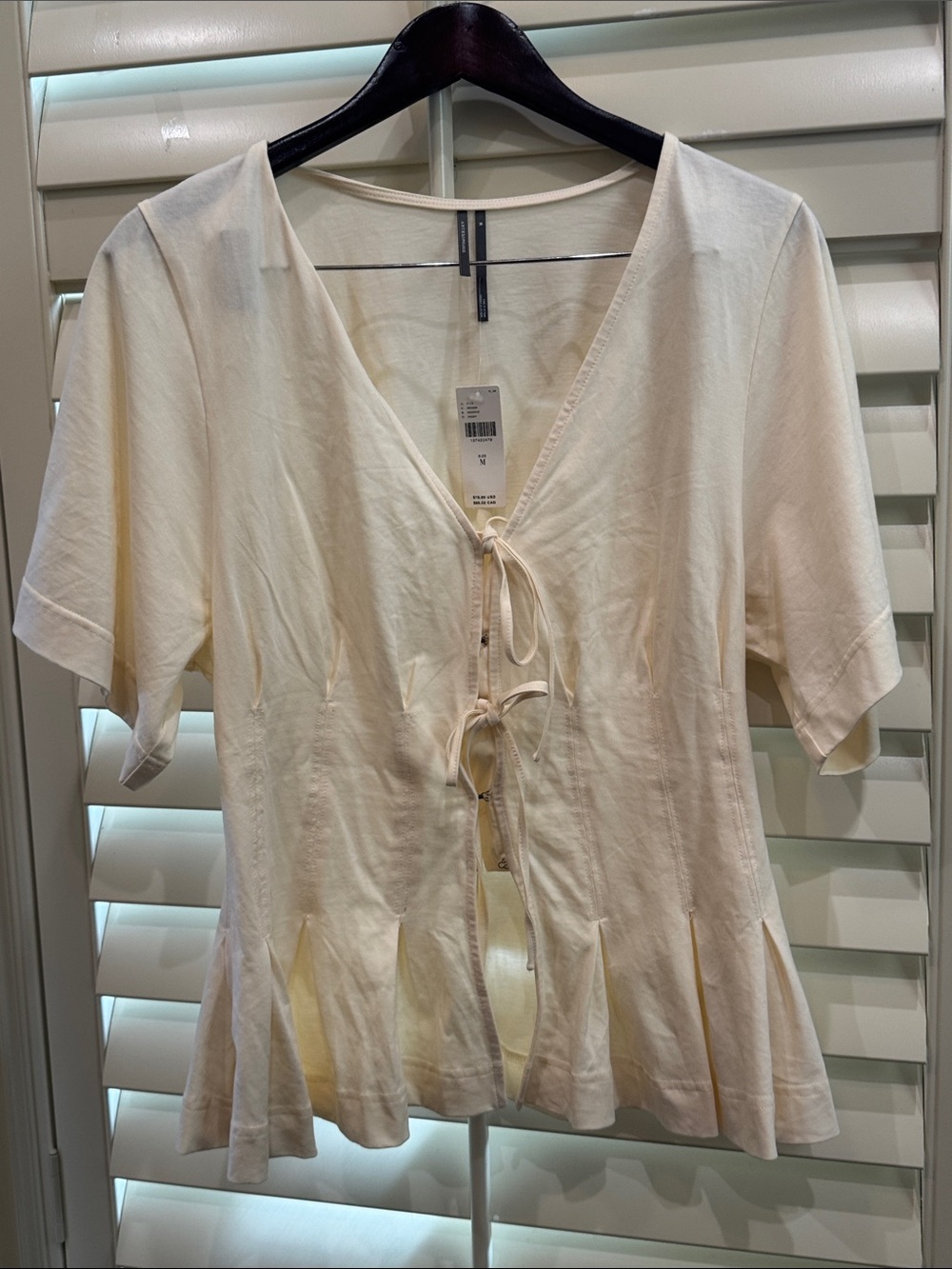 Anthropologie Ivory Tie-Front Short Sleeve Top